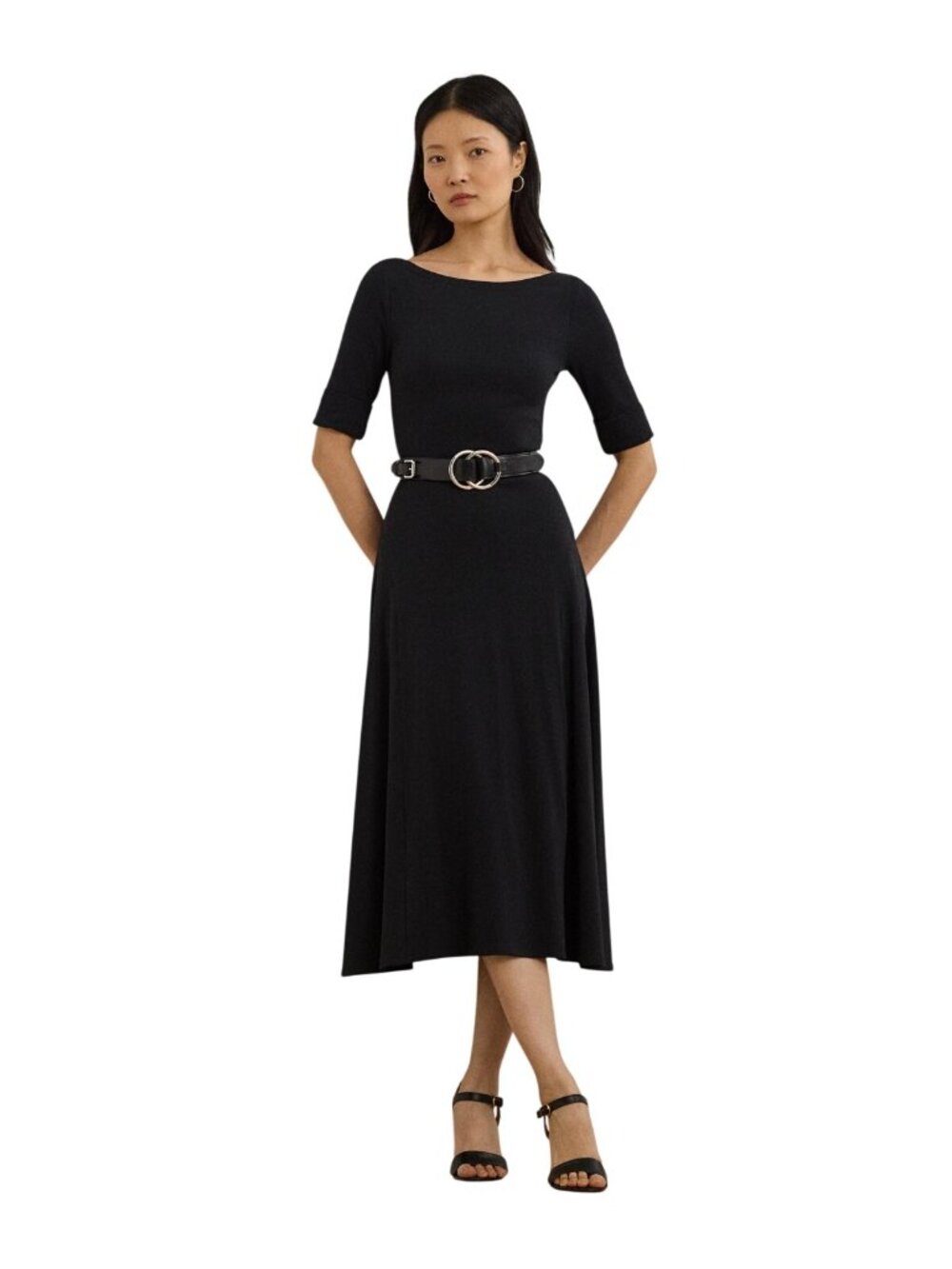 NWT Lauren Ralph Lauren Black Rib-Knit Stretch Cotton Midi Dress L MSRP $135